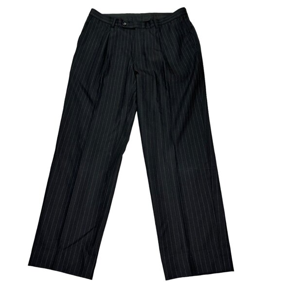 Mens Trousers England Tasmanian Wool Cashmere Black Pinstripe Pants Work - Picture 1 of 16